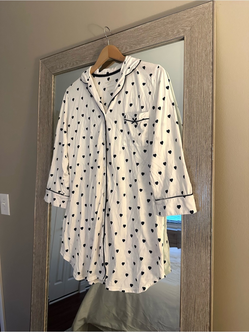 Kate Spade White And Black Heart Polka Dot 3/4 Sleeve Sleep Shirt Size Large